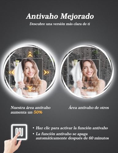 SAGIWO Espejo para Baño con Luz Led 70 * 70 cm, Espejo Inteligente Antivaho Redondo, con Luz Ajustable en 3 Colores, Función de Hora, Instalación Vertical/Horizontal