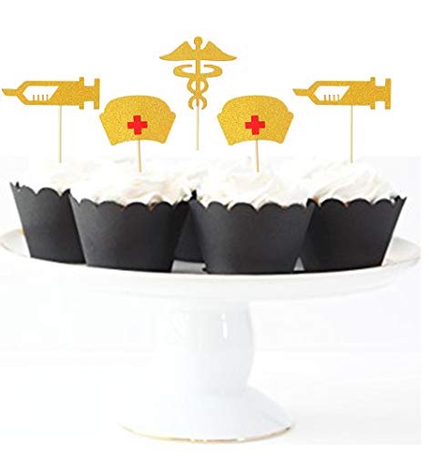 Nursing Graduation Cupcake Toppers Gold Glitter Cake Toppers Food Picks for Nurse Graduation Medical Rn Themed Nursing Grad Party Decorations by Ucity - Thumbnail 3