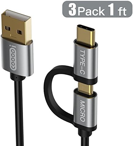 Usb Type C 2 In 1 Cable, COOODI 3 Pack 1Ft/0.3 M Micro USB &amp; Reversible Type C Charging Cord for New MacBook, Google Pixel XL, Samsung, Nexus, LG Micro and Type C Smartphone