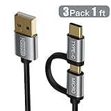 Usb Type C 2 In 1 Cable, COOODI 3 Pack 1Ft/0.3 M Micro USB & Reversible Type C Charging Cord for New MacBook, Google Pixel XL, Samsung, Nexus, LG Micro and Type C Smartphone