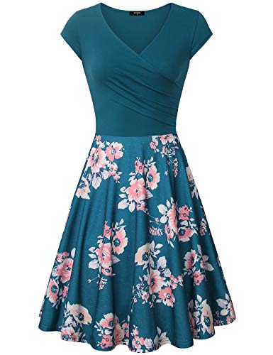 Lotusmile Elegant Dresses, Womens Casual Dress A Line Cap Sleeve V Neck Small, Multicolor Cyan - Thumbnail 5