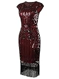Vijiv 1920s Vintage Inspired Sequin Embellished Fringe Long Gatsby Flapper Dress,Wine Red,Large