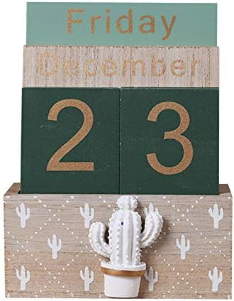 Wooden Perpetual Calendar, Buery Vintage Wooden Blocks Perpetual Calendar Desk Accessory Month Week Date Display for Home Office Store Decoration (Cactus)