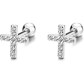 Silver Cross Earrings 925 Sterling Silver Trendy Dainty Cute Cubic Zirconia Screw Back Nickel Free Small Stud Earrings for Women Men