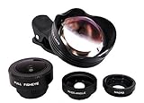 Ultra HD iPhone Lens, 180° Fisheye + 0.63X Wide Angle Lens + 15X Macro + 3X Telephoto 4 in 1 Optic Cell Phone Lens Kit for Iphone 7 6s Plus Samsung Galaxy S6 S7 Edge LG, Black