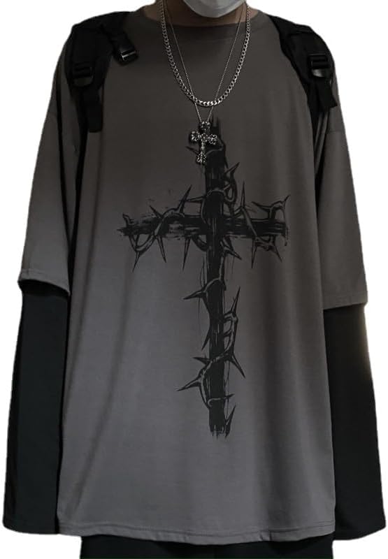 Goth Shirts Long Sleeve Oversized Fake Two Piece Vintage Graphic