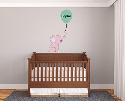 Custom Name Baby Elephant And Ballon - Prime Series - Baby Girl - Nursery Wall Decal For Baby Room Decorations - Mural Wall Decal Sticker For Home Children's Bedroom (J222) (Wide 17"x31" Height)