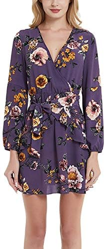Women Long Sleeve V Neck Dress Floral Mini Swing Party Wedding Dress with Belt