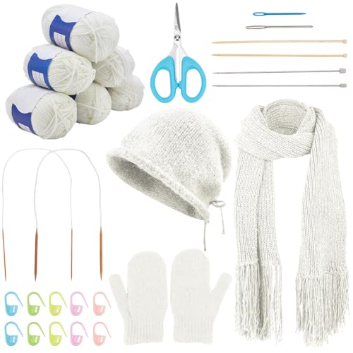 WEBEEDY Complete Knitting Kits for Beginners, Hat Scarf Glove Knitting Starter Kit with Yarn, 6 Knitting Needles, Video Tutorial for Adults Crocheting Accessories Lovely Present