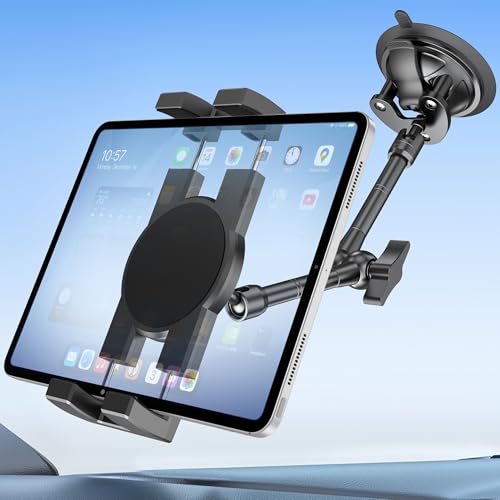 TeQable Heavy Duty Window and Dashboard Tablet Mount for Truck Car, Anti-Shake Metal Joint iPad Dash Holder, No Sticky Gel Suction Cup Stand for iPad Pro 12.9 Air Mini, Commercial Van Vehicle
