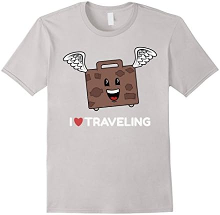 Men's I Love Traveling T-shirt Flying Suitcase For Travel Lovers Large Silver