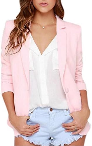 Friendshop Womens Unique Single Button Long Sleeve Lapel Pink Suit Coat Blazer