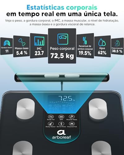 arboleaf Balança Digital Corporal com Bioimpedância, 50+ Métricas Balança de Bioimpedância Inteligente, Balanca Digital de Chao, Balança de Banheiro com BIA de Dupla Frequência e 8 Eletrodos Bluetooth