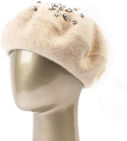 GEEBRO Fashion Solid Color Wool Knitted Berets With Rhinestones Ladies French artist Beanie Beret Hat DQ105 (Beige)