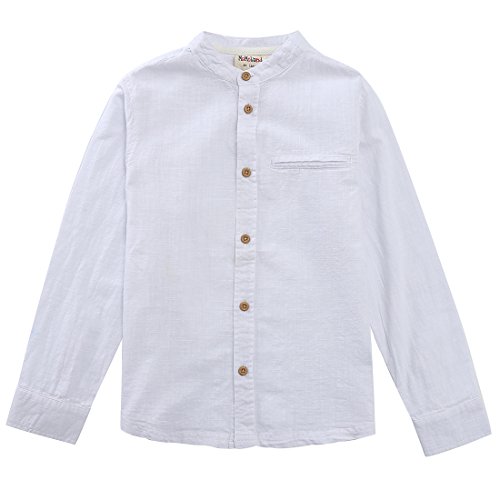 MOMOLAND Boys Long Sleeve Mandarin Collar Woven Button Down Shirt Linen Design White Blue (3 Years, White)