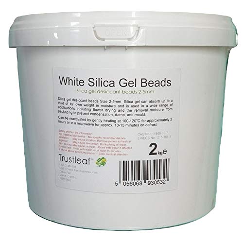 Trustleaf 2kg, 4.4lbs Tub White Silica Gel Desiccant, 2-4mm Beads - Dehumidify - Flower Drying - 3D Printing - Storage