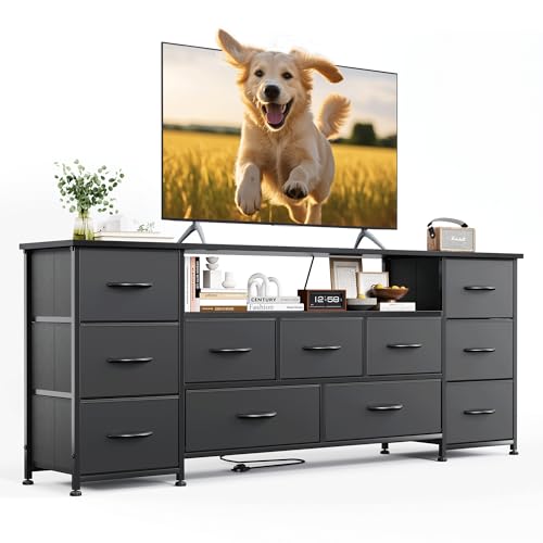 Vermess 63" W Dresser for Bedroom with Charging Station 11 Drawer Dressers & Chests of Drawers Dresser TV Stand for Bedroom for 65 70 75 Inch TV, Metal Frame & Fabric Drawers, Black