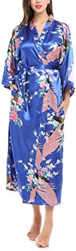 missfashion Women's Kimono Robe Long Printed Satin Robe Peacock &amp; Blossoms Wedding Sleepwear(L,Royalblue)