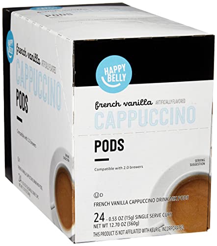 AMAZON BRAND – HAPPY BELLY CAPPUCCINO COFFEE PODS LIGHT ROAST COMPATIBLE WITH 2.0 K-CUP BREWERS, FRENCH VANILLA FLAVORED, 24 COUNT, 1.5 POUND (PACK OF 1)