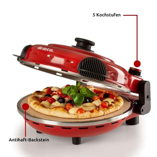Ariete Pizzaofen 919, 4-Minuten-Pizza, Pizzaofen mit 5 Garstufen, Feuerfeste Platte zum Wiederaufwärmen, Holzbrettchen im Lieferumfang Enthalten, Max. Temperatur 400°C, 1200W, Rot thumbnail 2
