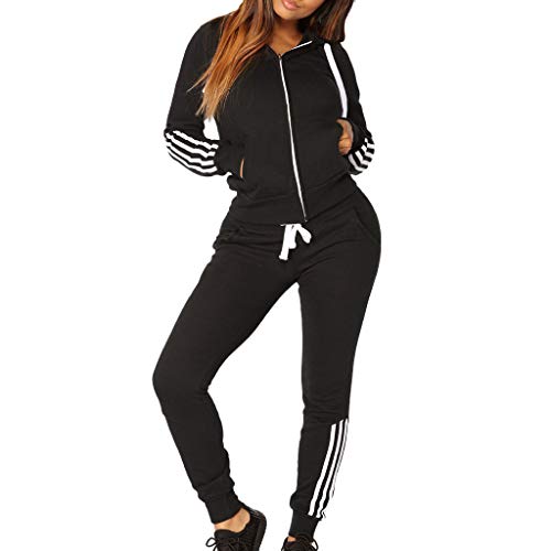 WUAI Two Piece Outfits for Women, Casual Hoodies Stripe Sport Suits Active Top Bottom Sets Sweatshirt Pant (Black,Large)