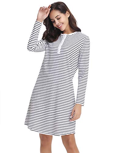 Hawiton Women's Cotton Long Sleeve Nightdress Striped Nightgown Sleepwear Shirt White