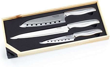 Ross Henery Professional, 3 Piece stainless steel , santoku chefs knives in wooden box with a built in knife sharpener. Silver Handles