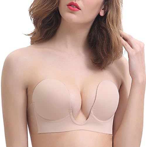 U Shape Self Adhesive Sticky Bra Invisible Strapless Silicone Backless Push up Bra Sexy Underwear for Women(Beige B)