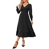 Dokotoo Wedding Guest Dresses for Women 2026 Spring Dresses Wrap V-Neck Long Sleeve Side Pockets Empire Waist Dress Ruched Flowy Maxi Dress Black Large