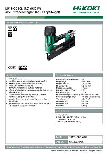 HiKOKI Akku Streifen Nagler 34° NR1890DBCL (18V, Li-Ion, Brushless, Transportkoffer, Schutzbrille, inkl. 2x 5.0 Ah Akkus… – Bild 5