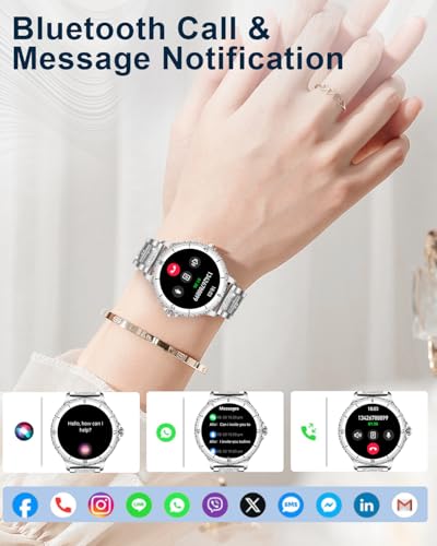 Reloj Inteligente Mujer con Llamadas, 1.27'' Smartwatch Mujer con Correa de Diamante, Compatible con Android/iOS, IP68 Impermeable Smart Watch Redondo con Monitor Sueño Pulsometro Sangre Presión Plata