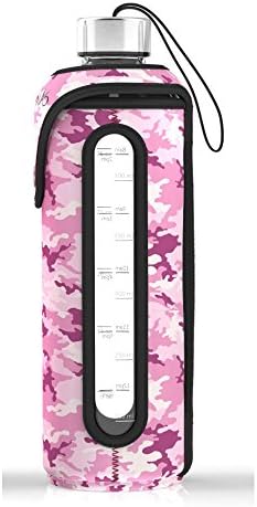 32 Oz Glass Water Bottle 1L Quart Insulated Sleeve Stainless Steel Lid Time Marked Standard Mouth Liter Container For Drinking Travel To-Go Reusable Safe For Hot Liquids Tea Coffee Hydro Daily Intake