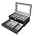 Sodynee® Watch Box Large 12 Mens Black Pu Leather Display Glass Top with Jewelry Box Case Organizer Tray