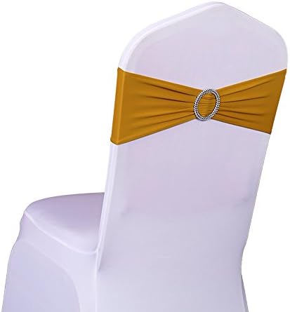 SINSSOWL 100PCS Stretch Wedding Chair Bands with Buckle Lycra Slider Sashes Bow Decorations 25 Colors (Gold)