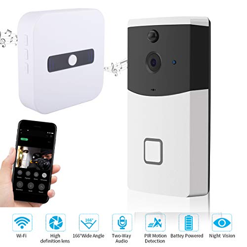Xelparuc Wi-Fi Enabled Wireless Video Doorbell with HD 720P Camera Image, Night Vision, Motion Detetion Compatible with iOS/Android Smartphone APP Control (Two Rechargeable Batteries, USB Cable, RECE