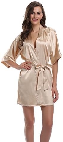 Women's Satin Kimono Robe with Oblique V-Neck Silky Bathrobe
