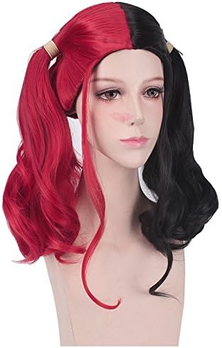Qaccf Long Curly Cosplay Wig with Ponytails for Cosplay Costume Halloween Party (Black Red Mix)