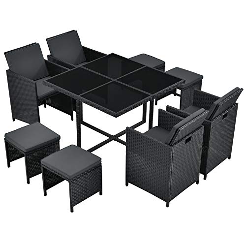 Juskys Polyrattan Sitzgruppe Baracoa L 9-teilig wetterfest, stapelbar - 4 Stühle, 4 Hocker, Tisch mit Glasplatte, Kissen - 8 Personen - Gartenmöbel Set für Garten, Terrasse