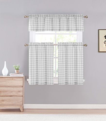 3 Piece Plaid, Checkered, Gingham 35% Cotton Kitchen Curtain Set with 1 Valance and 2 Tier Panels (Gray)