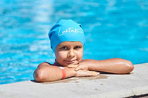 Swim Caps for Long Hair Kids - Swimming Cap for Girls Boys Kids Teens with Long Curly Hair Braids Dreadlocks - 100% Silicone Hypoallergenic Waterproof Swim Hat (Aqua Blue, Medium) - Thumbnail 4