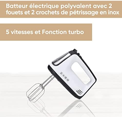 Batteur électrique 400 W, Fouet électrique avec 5 vitesses, fonction turbo et poignée Soft-Touch, Batteur mixeur livré avec 2 fouets et 2 crochets de pétrissage en inox, HM 3830