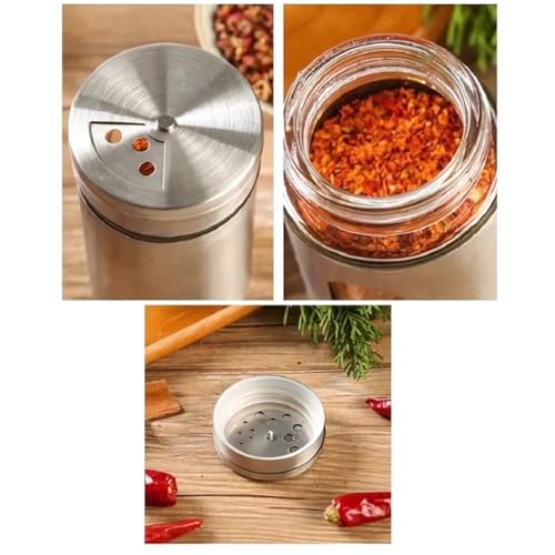 Kit 6 Porta de Temperos Saleiro Pimenteiro Inox e Vidro Conjunto Premium Aço Inoxidável com Visor Tampa Giratória 3 níveis para Condimentos de Cozinha