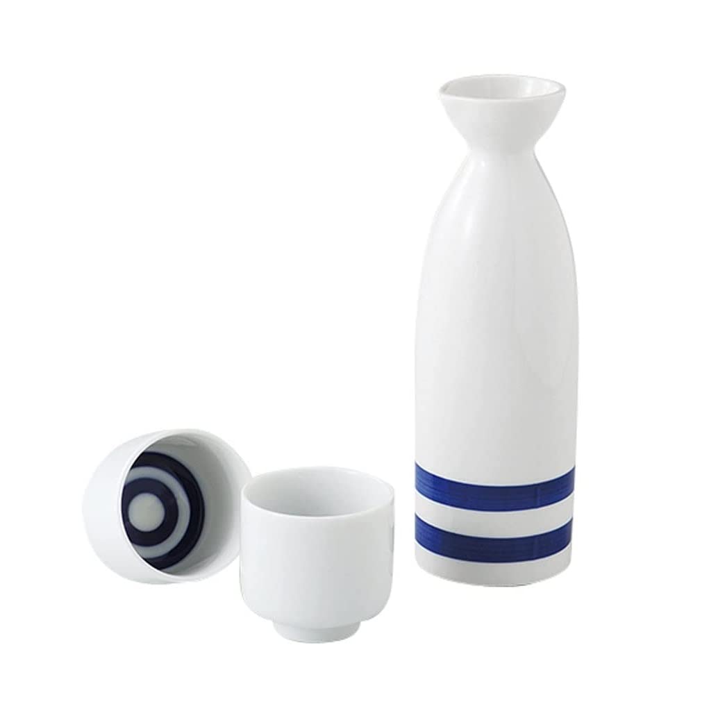 Mino Ware Janome Japanese Sake Bottle(Tokkuri) & 2 Cups(Ochoko) Set