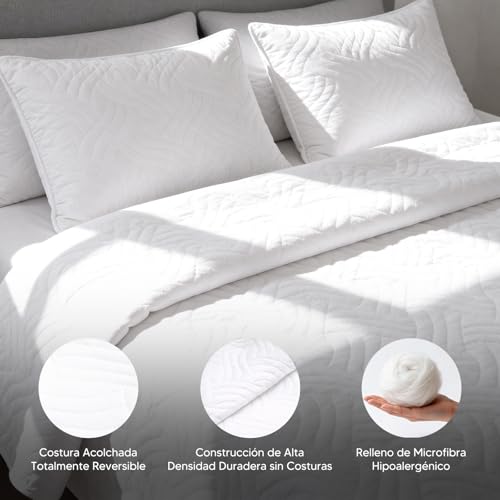 VIOPY Colcha Ligera matrimonial,210×240 CM,cubrecama Reversible,con 2 Funda de Almohada,edredones,Suave Tacto, Ligero y Fresco,Ropa de Cama,Verano y Uso Anual.Blancos para el hogar(Blanco)
