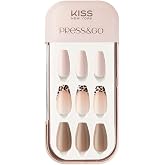 KISS NEW YORK Press&amp;Go Press-On Manicure Fake Nails, Nude Beige Leopard French Tip Medium Coffin Nail Kit, One-Step No-Glue Mani, Includes Prep Pad, Mini File, Manicure Stick, 30 Pcs, 12 Sizes