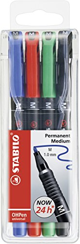 - Rotulador permanente - OHPen universal - punta media permanente - Estuche de 4 - verde, rojo, azul, negro