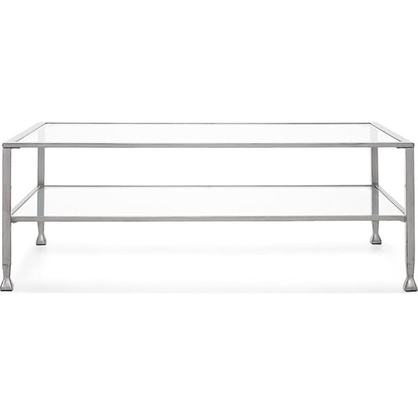 CLICKDECOR MADDOX 2-TIER TEMPERED GLASS COFFEE TABLE WITH METAL FRAME, CONSOLE, LIVING ROOM ACCENT FURNITURE, RECTANGULAR TOP WITH STORAGE SHELF, EASY ASSEMBLY, 48 INCH, SILVER