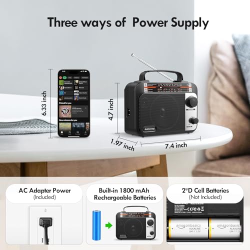 Audiocrazy Portable Radio AM/FM/SW1-2 Multiband Radio with Rechargeable Battery 1800 mAh, AC Cable or Portable FM Radio, Fleece, Speakers, Headphone Jack, AUX Input Black