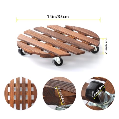 Plant Caddy, 2 PCS 14" with 5 Wheels, Rolling Plant Stand 220 LB Heavy Duty, Wooden Plant Dolly with Metal 360° Lockable Caster Wheels, for Outdoor Indoor Large Plant Pots, Flower Pot, Patio (Round)
