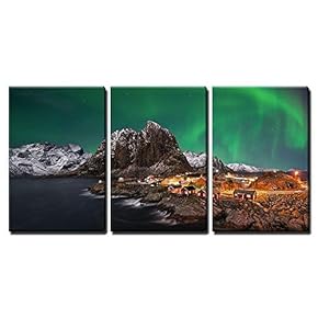3 Piece Canvas Wall Art - Beautiful Aurora Over Hamnoy, in The Lofoten Islands, Norway - Modern Home Art Stretched and Framed Ready to Hang - 16"x24"x3 Panels